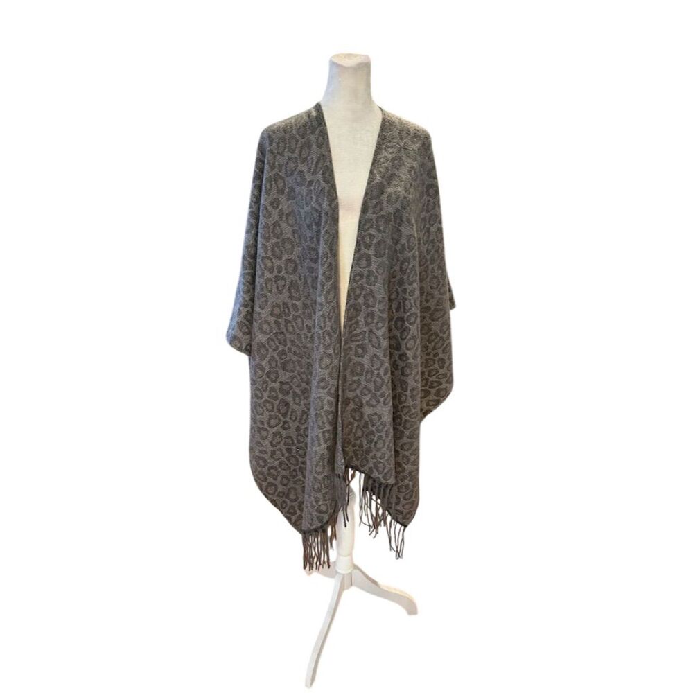 Woolrich Women's Leopard Print Fringe Poncho Wrap Brown One Size